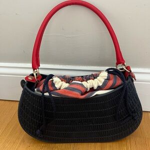 O Bag Made In Italy Rubber Red Tote Handlebars Striped Drawstring Closure